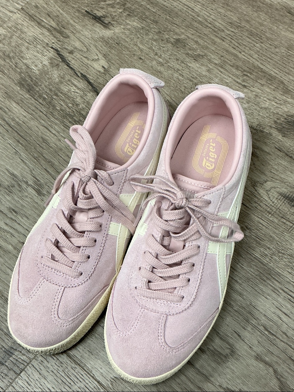 Onitsuka Tiger by Asics Women's Blush Pink Suede Sneakers with Cream Stripes